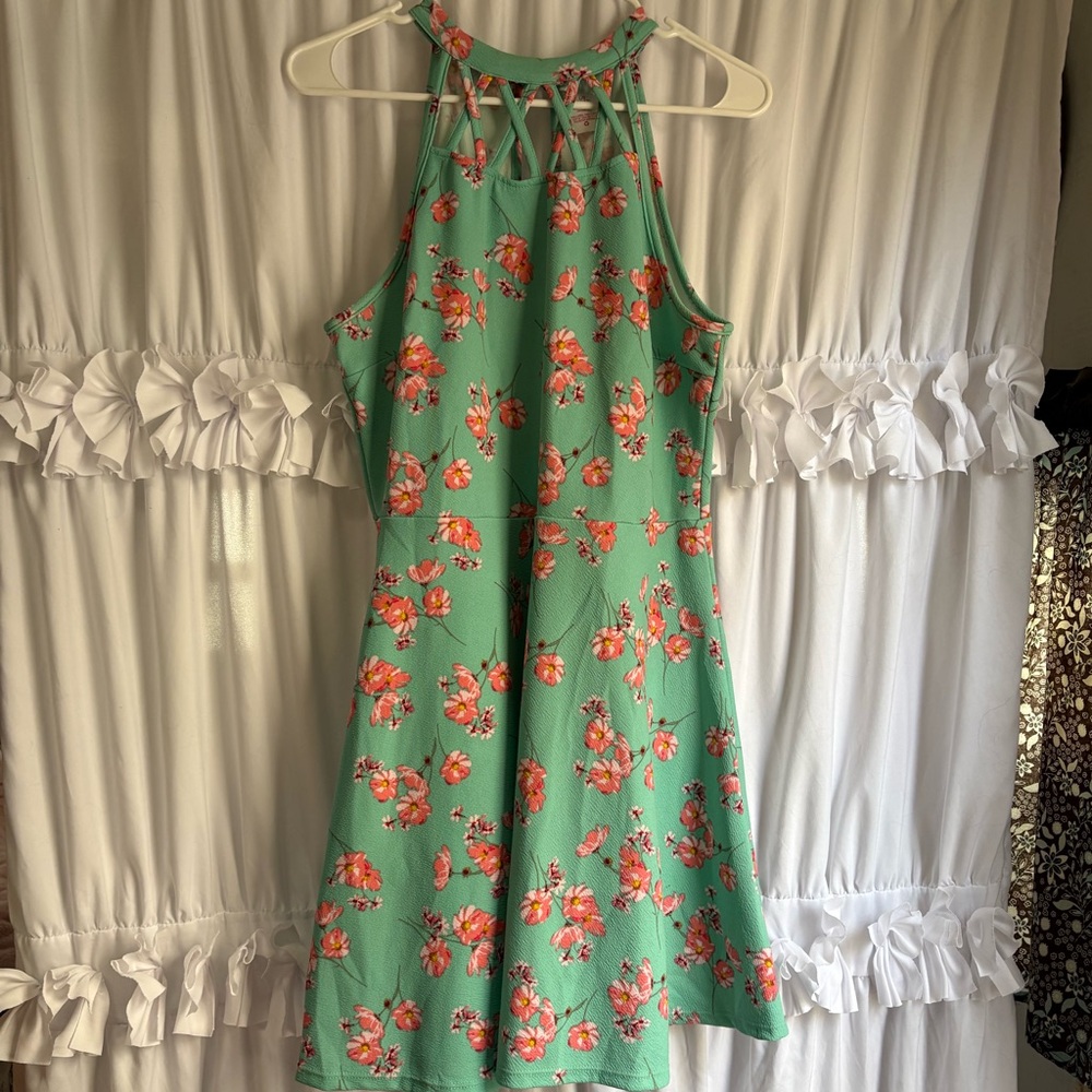 Floral Seafoam Green Mini Halter Top Dress